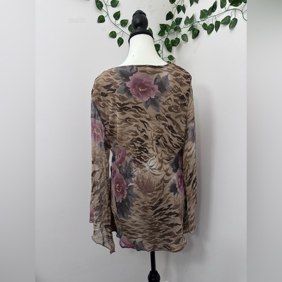 Vintage Silk Whimsigoth Bell Sleeve Blouse - Tan Floral size L Mesh Sleeves - Picture 2 of 5